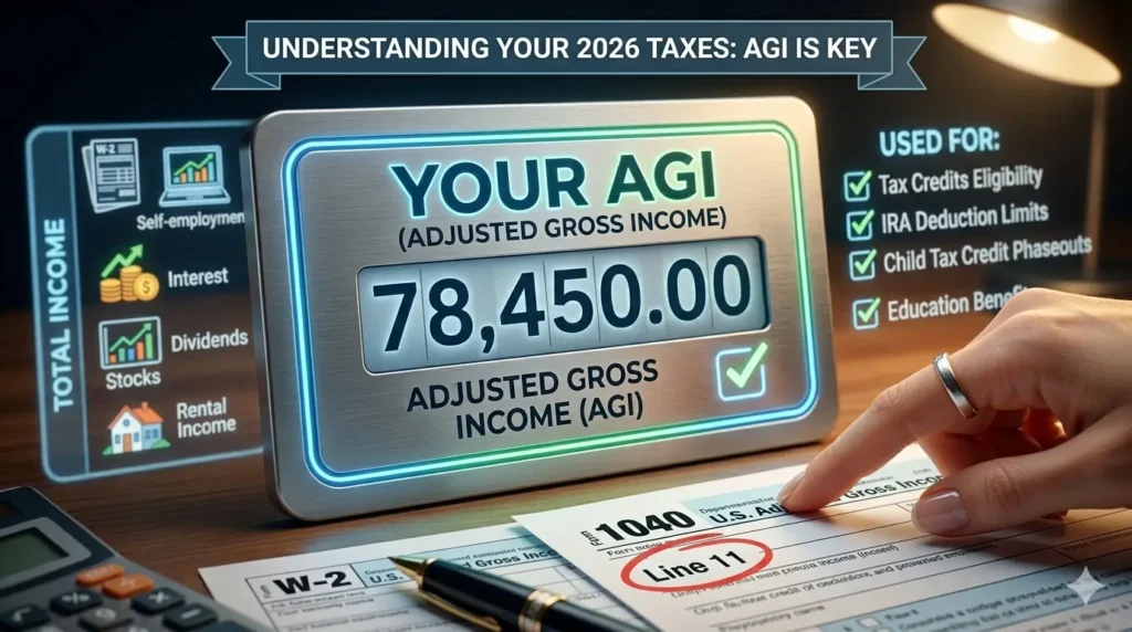 Example of adjusted gross income (AGI) shown on IRS Form 1040 line 11 with tax documents