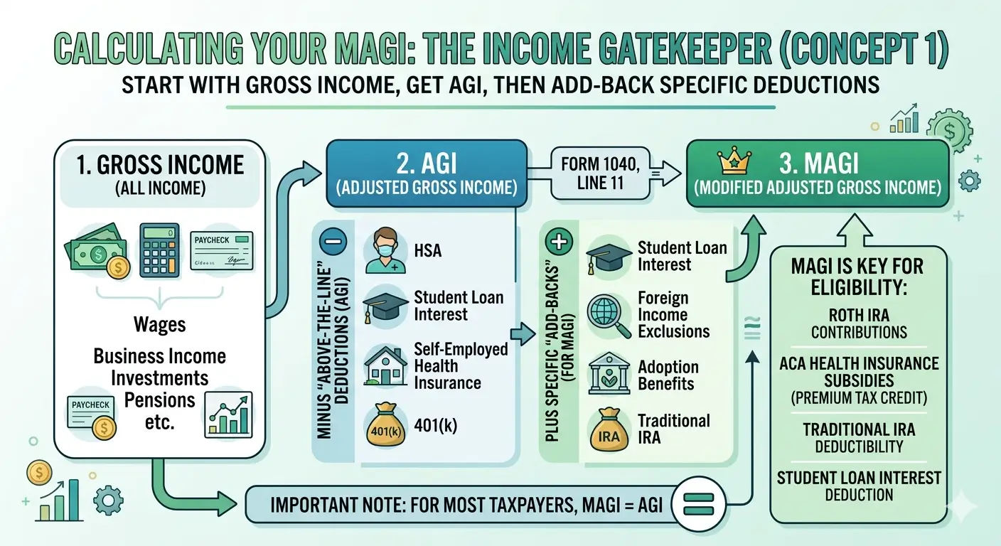 Infographic showing how MAGI is calculated as the income gatekeeper for Roth IRA eligibility and ACA Premium Tax Credit qualification