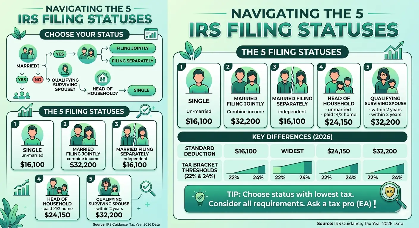 Infographic explaining the 5 IRS filing statuses and how to choose the right one for your tax return