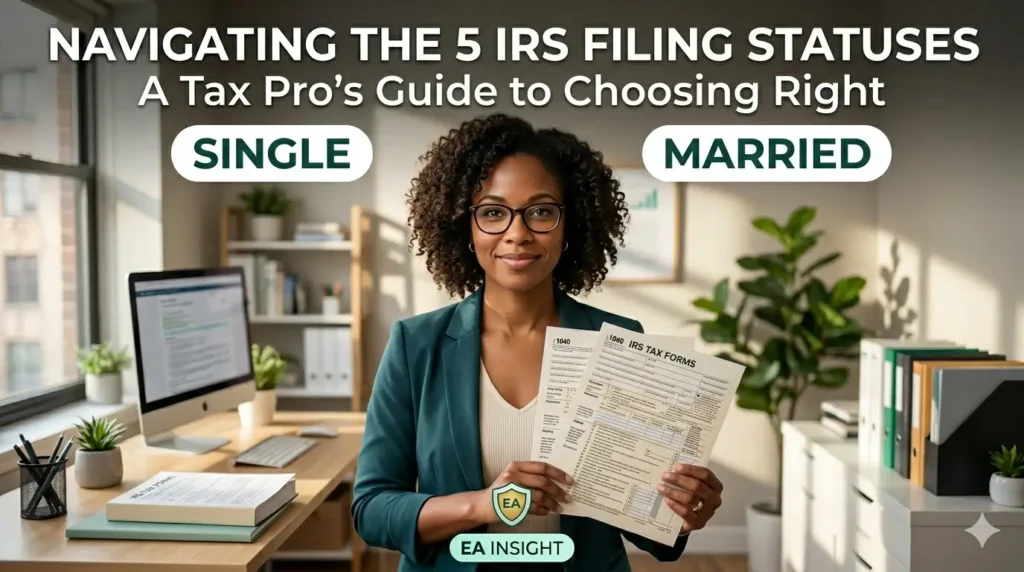 A professional tax expert holding IRS tax forms, with text overlay 'Navigating the 5 IRS Filing Statuses: A Tax Pro's Guide to Choosing Right'.
