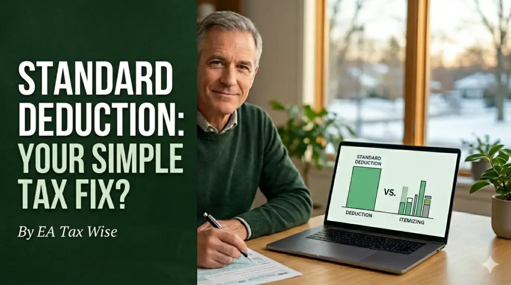 Thumbnail for blog post asking 'Standard Deduction: Your Simple Tax Fix?' with an EA Tax Wise attribution.