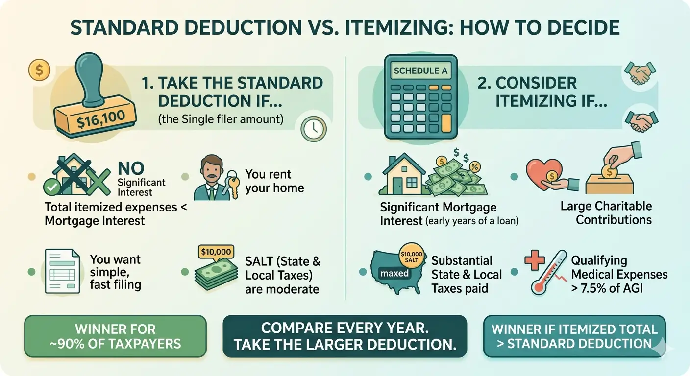 Infographic comparing standard deduction vs itemizing deductions — which method saves you more on your federal tax return