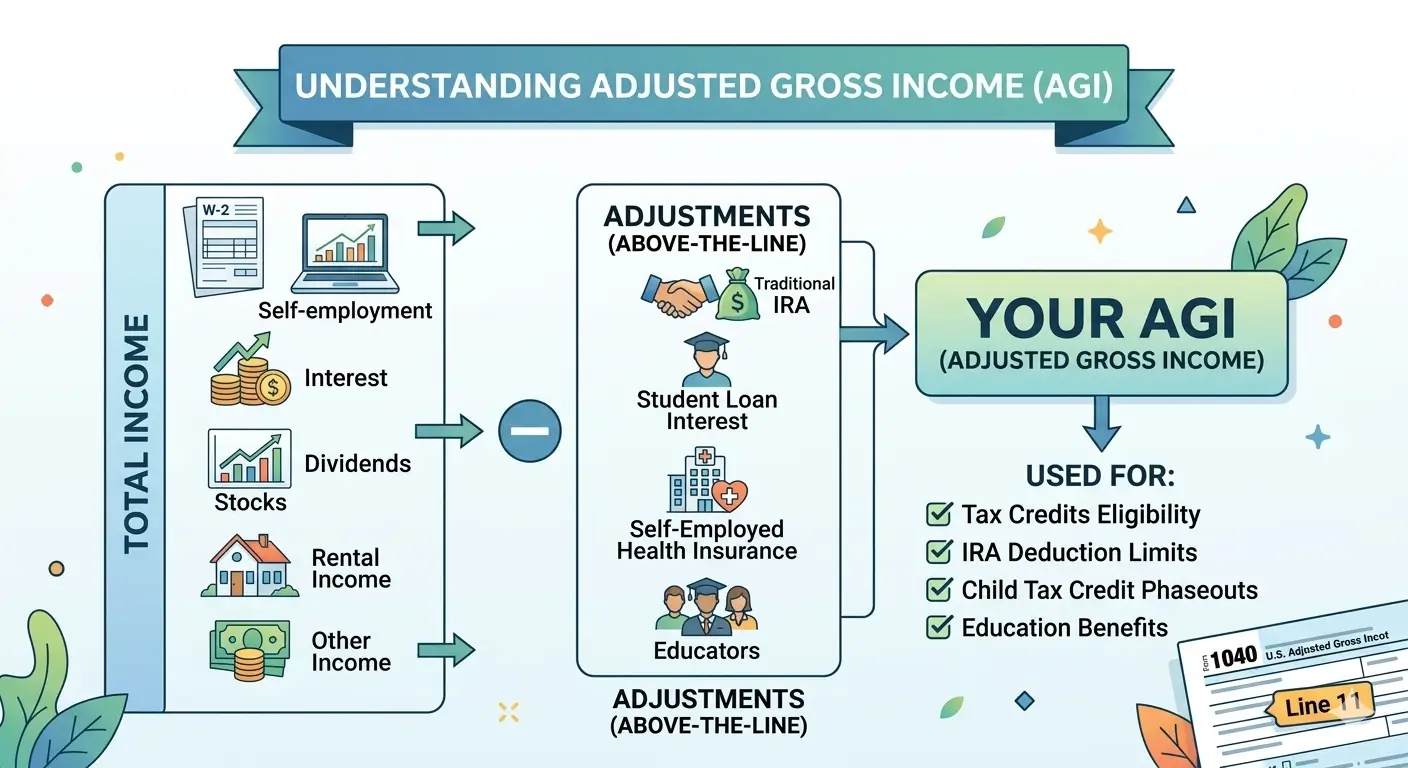 Infographic explaining what adjusted gross income AGI is and how it is calculated on your tax return