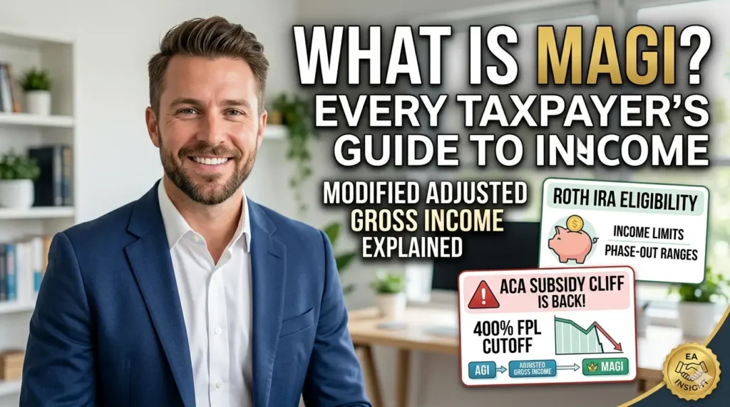 A realistic, dynamic thumbnail designed to promote an evergreen blog post on Modified Adjusted Gross Income (MAGI). It features a confident, well-dressed man in a modern home office with bold white and gold text on the top right reading "WHAT IS MAGI? EVERY TAXPAYER'S GUIDE TO INCOME". On the right, two professional-looking overlaid cards, without any specific year, highlight key concepts with piggy bank and cliff icons: "ROTH IRA ELIGIBILITY" with generalized labels "INCOME LIMITS" and "PHASE-OUT RANGES", and "ACA SUBSIDY CLIFF IS BACK!" with text "400% FPL CUTOFF", all emphasizing EA insight.