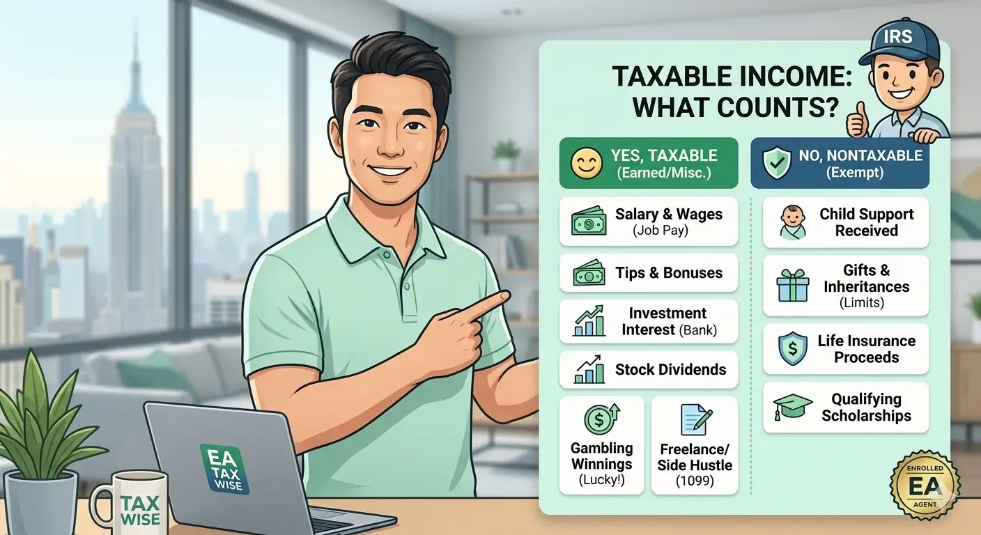 Infographic showing how taxable income is calculated from gross income through adjustments and deductions