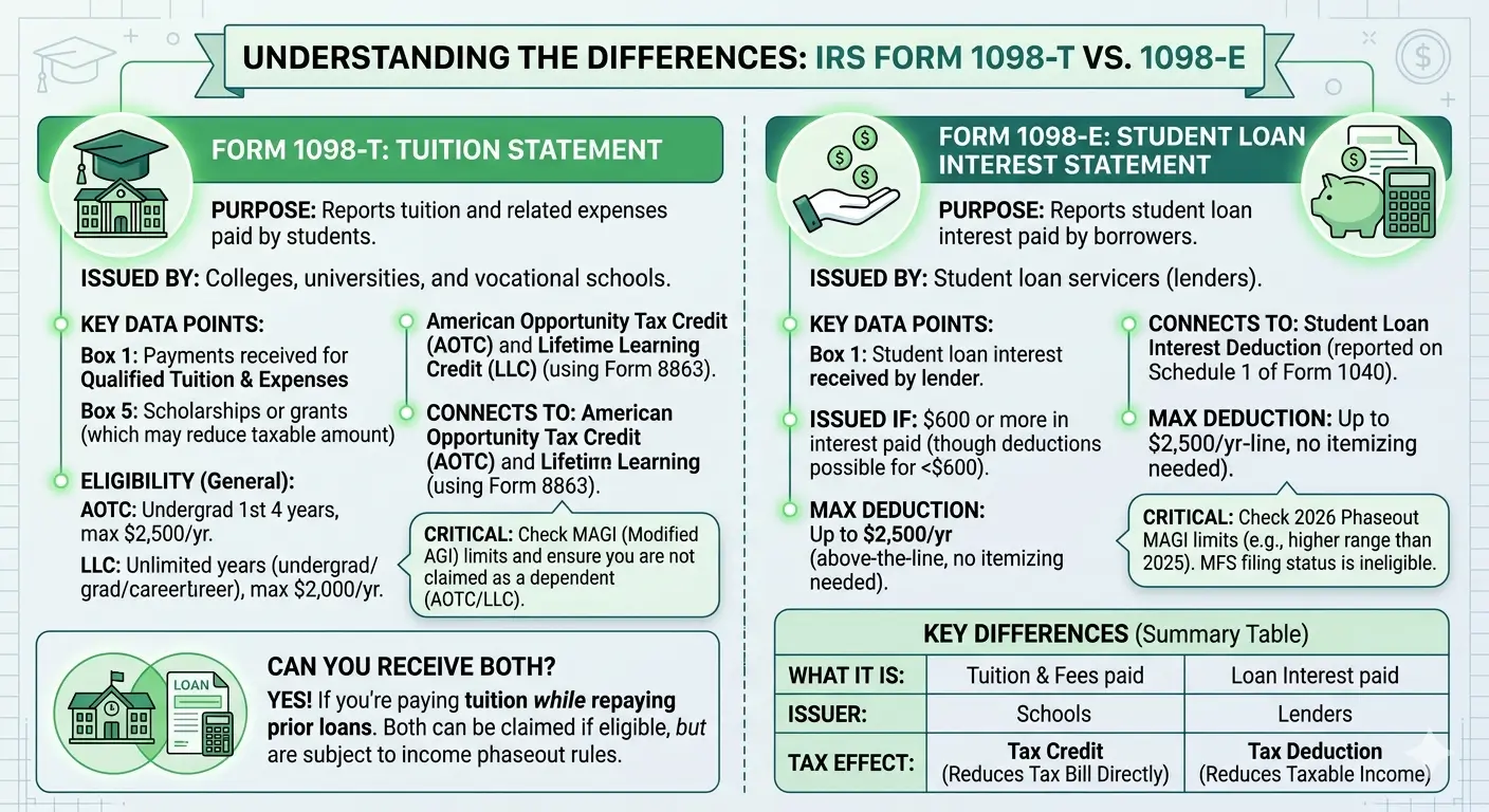 Infographic comparing Form 1098-T and Form 1098-E — tuition statement vs student loan interest statement