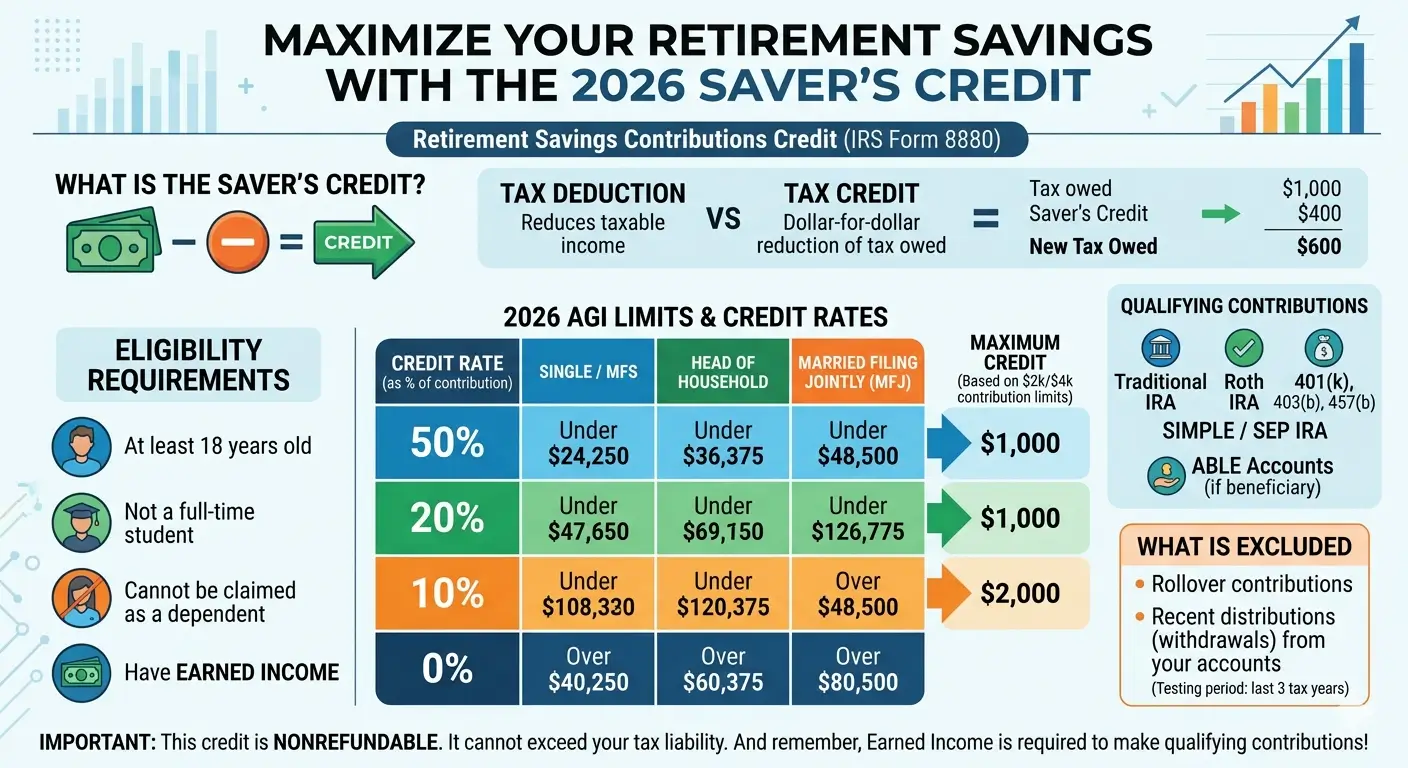 Saver's Credit 2026 guide — how the retirement savings credit works, income limits, and Form 8880 explained by an Enrolled Agent