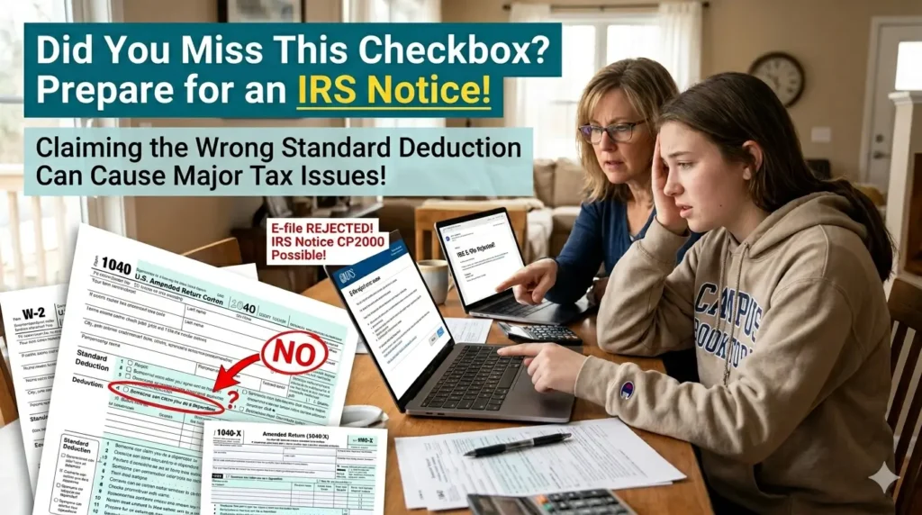 부양가족 체크 누락 경고 썸네일. Form 1040의 'Anyone can claim you' 박스 오류로 e-file reject 및 IRS CP2000 통지서 수신 위험 시각화. Emily와 Lisa가 거실 테이블에서 혼란스러운 표정을 짓고 있다.