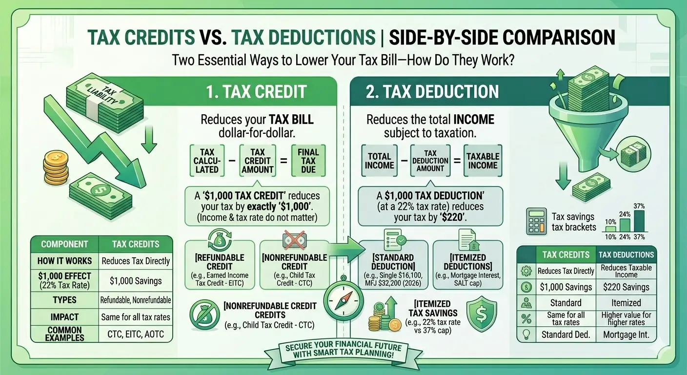 Infographic comparing tax credits and tax deductions side by side — how each reduces your tax bill differently