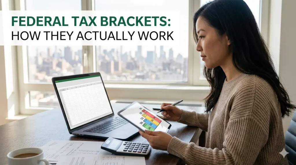 A professional woman working in a bright New York home office, analyzing a colorful tax bracket chart on her tablet, with the text "FEDERAL TAX BRACKETS: HOW THEY ACTUALLY WORK" displayed at the top.