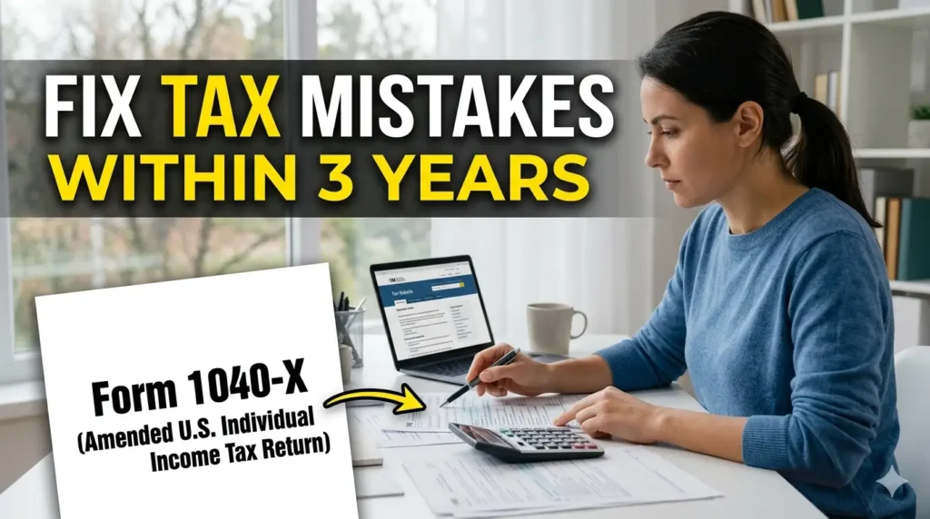 YouTube thumbnail image featuring a woman sitting at a desk and reviewing tax documents, with text overlay reading "FIX TAX MISTAKES" and "WITHIN 3 YEARS".