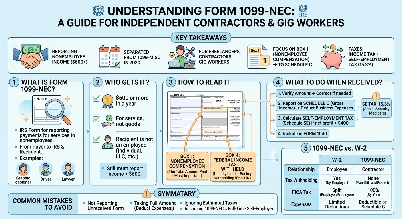 IRS Form 1099-NEC infographic guide — who gets it, how to read it, and what to do with it