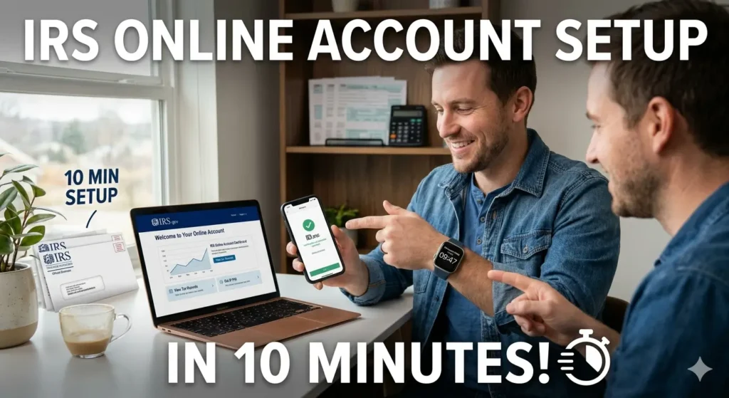 "IRS ONLINE ACCOUNT SETUP IN 10 MINUTES!"라는 굵은 영어 텍스트가 상하단에 배치된 유튜브 썸네일 스타일의 이미지. 두 명의 남성이 책상에 앉아 웃으며 노트북과 스마트폰, 스마트워치를 이용해 10분 만에 미국 국세청(IRS) 온라인 계정 설정을 완료하는 모습을 생동감 있게 보여주는 실사 사진입니다. 스마트폰에는 ID.me 인증 성공 화면이, 스마트워치에는 "09:47" 시간이 표시되어 빠르고 쉬운 설정을 시각적으로 강조합니다. 배경으로는 IRS 봉투와 사무실 환경이 보입니다.
