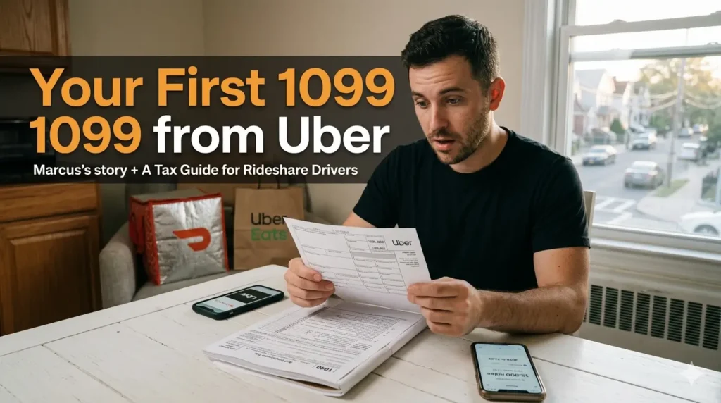 "A young man sitting at a kitchen table looking surprised while holding an Uber 1099-NEC tax form, with a DoorDash delivery bag and tax documents in the background. Text overlay reads 'Your First 1099 from Uber'."
