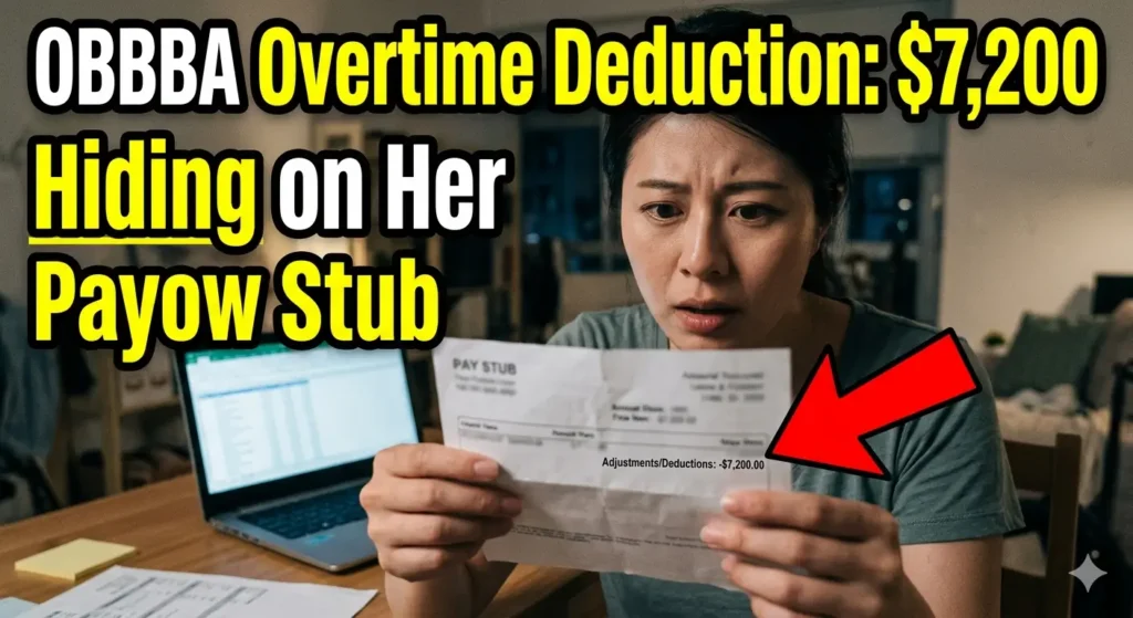 한 여성이 충격받은 표정으로 $7,200의 초과 근무 공제액(Overtime Deduction)이 적힌 급여 명세서를 확인하고 있는 실사 스타일의 블로그 썸네일 이미지.