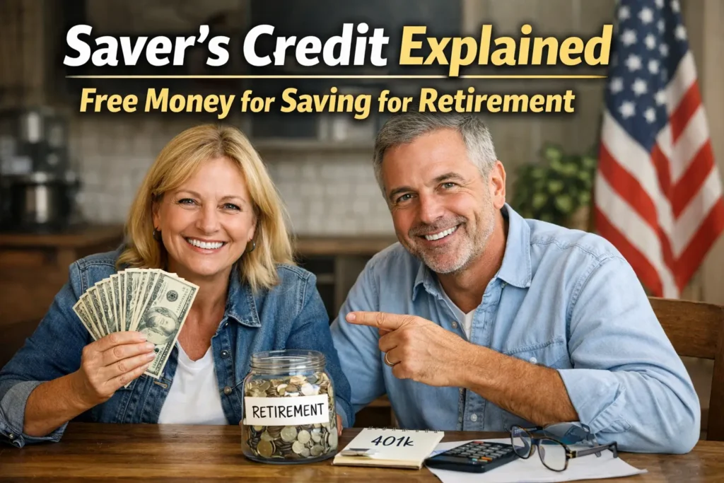 Saver’s Credit Explained – couple holding cash and retirement savings jar with 401k notes, illustrating tax credit for retirement savings