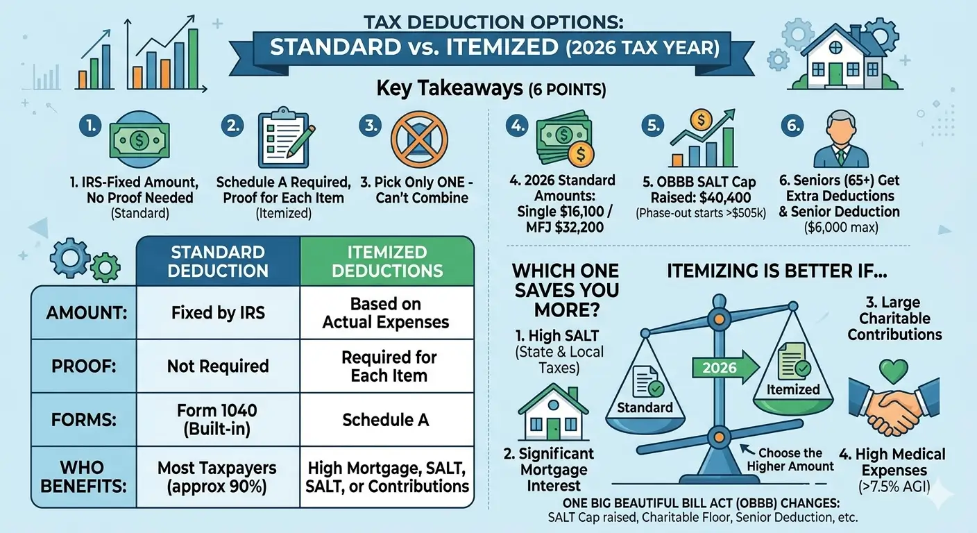 Standard Deduction vs. Itemized Deductions comparison infographic — which saves you more on your tax return, explained by an Enrolled Agent