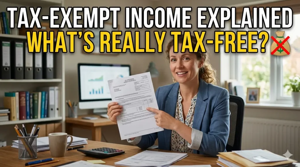 TAX-EXEMPT INCOME EXPLAINED: WHAT'S REALLY TAX-FREE?"라는 텍스트가 상단에 크게 배치된 유튜브 썸네일 이미지입니다. 밝고 전문적인 느낌의 실사 이미지로, 한 여성이 책상 앞에서 미소를 지으며 세금 서류를 가리키고 있습니다. 서류에는 "Tax-Exempt"라는 문구가 보이며, 배경의 선반에는 "IRS Publications" 등이 진열되어 있습니다. 16:9 비율입니다.