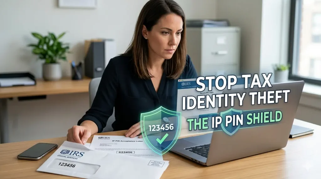 사무실 책상에서 IRS 공식 우편과 노트북을 활용해 보안을 점검하고 있는 여성 전문가와 "Stop Tax Identity Theft: The IP PIN Shield"라는 문구가 포함된 실사 스타일 썸네일 이미지