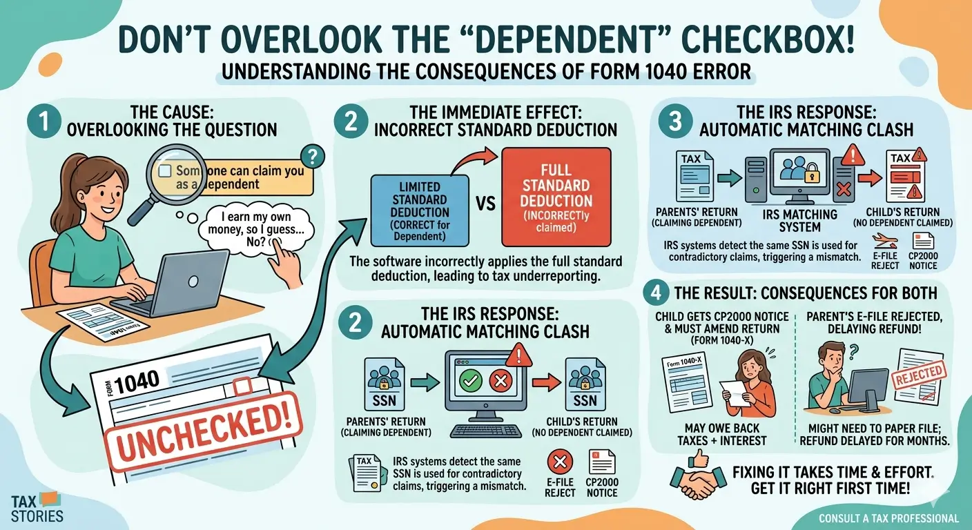 Infographic explaining what happens when a dependent does not check the someone can claim you box on Form 1040