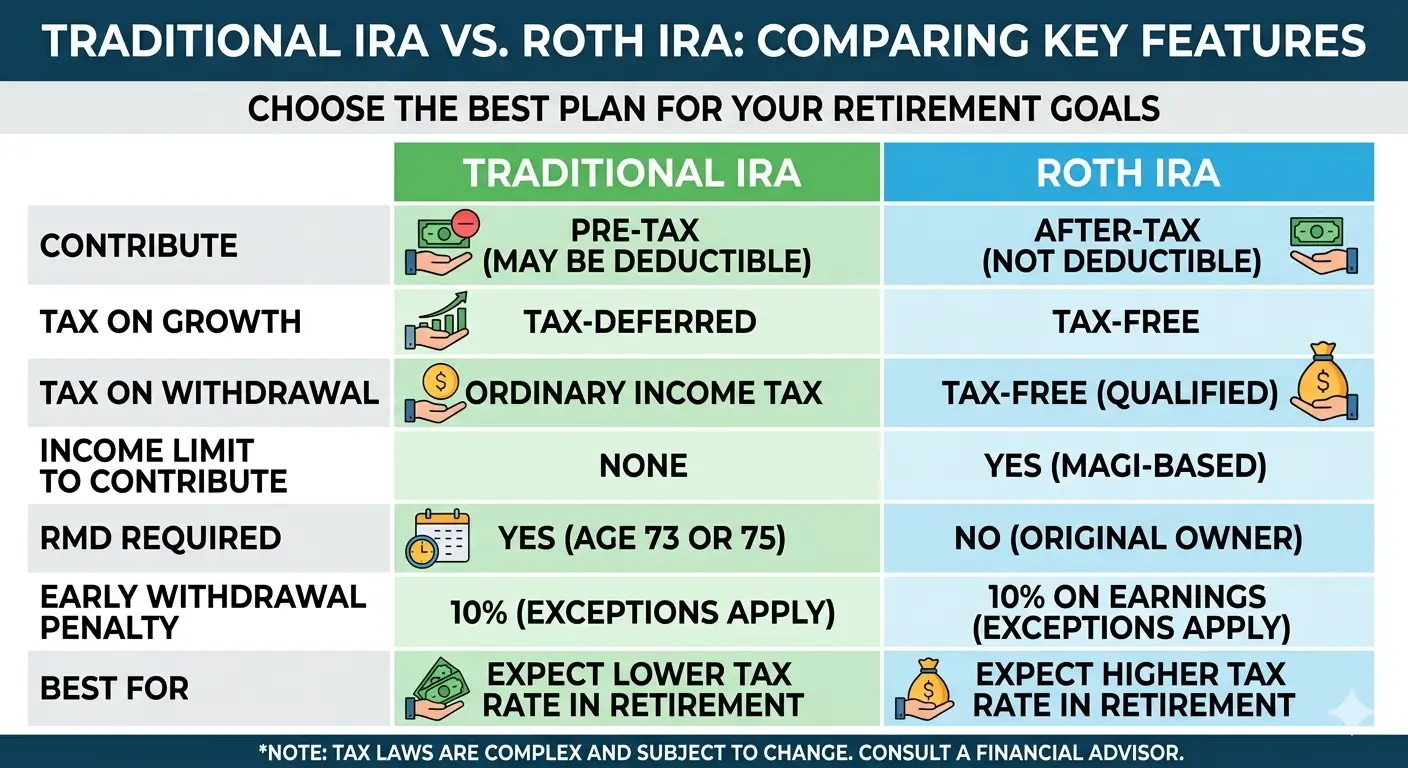 Traditional IRA vs Roth IRA comparison infographic — tax treatment, contribution limits, and RMD rules explained by an Enrolled Agent