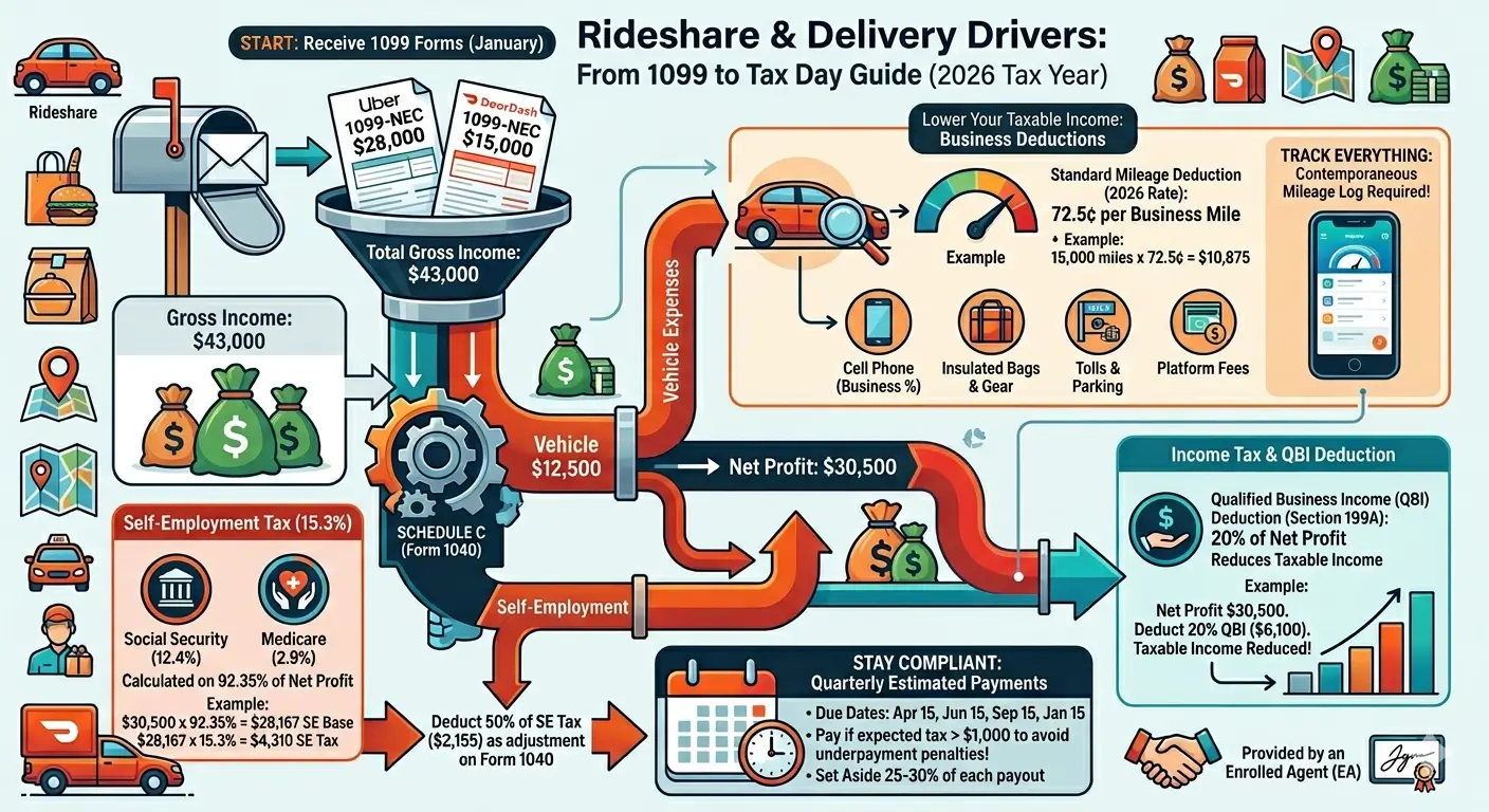 Uber and DoorDash gig worker first 1099-NEC tax filing infographic — Schedule C self-employment tax guide by an Enrolled Agent
