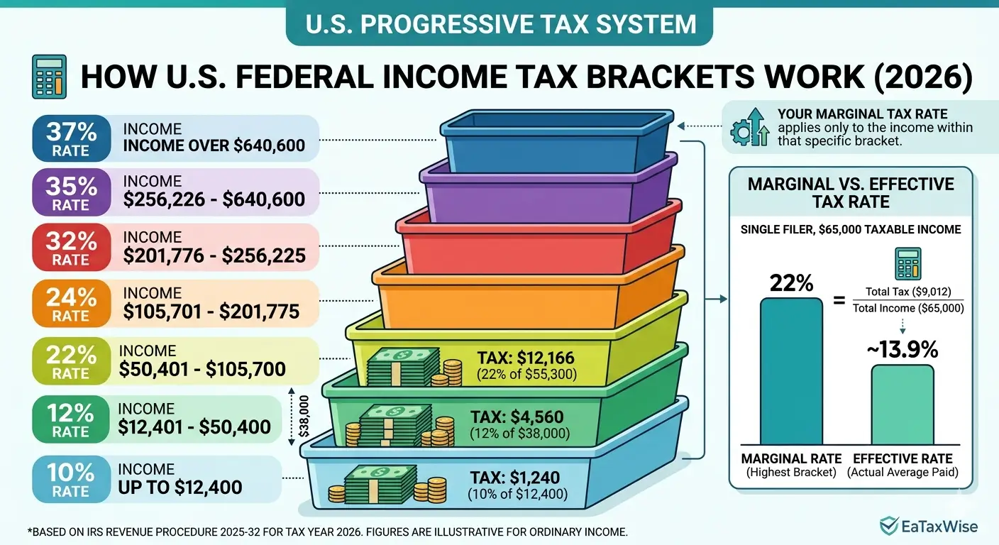 Infographic explaining U.S. federal tax brackets and how marginal tax rates apply to different portions of taxable income