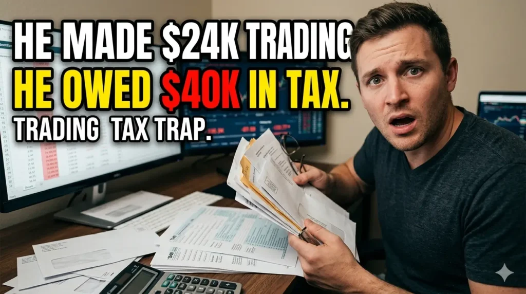 주식 차트와 세금 서류 앞에서 충격을 받은 표정의 남성과 "He Made $24K Trading, He Owed $40K in Tax"라는 문구가 적힌 유튜브 스타일 실사 썸네일 이미지
