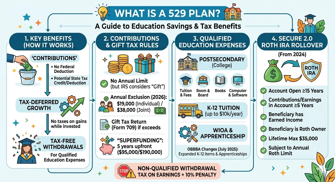 What is a 529 plan — tax benefits, contribution limits, and qualified education expenses explained by an Enrolled Agent