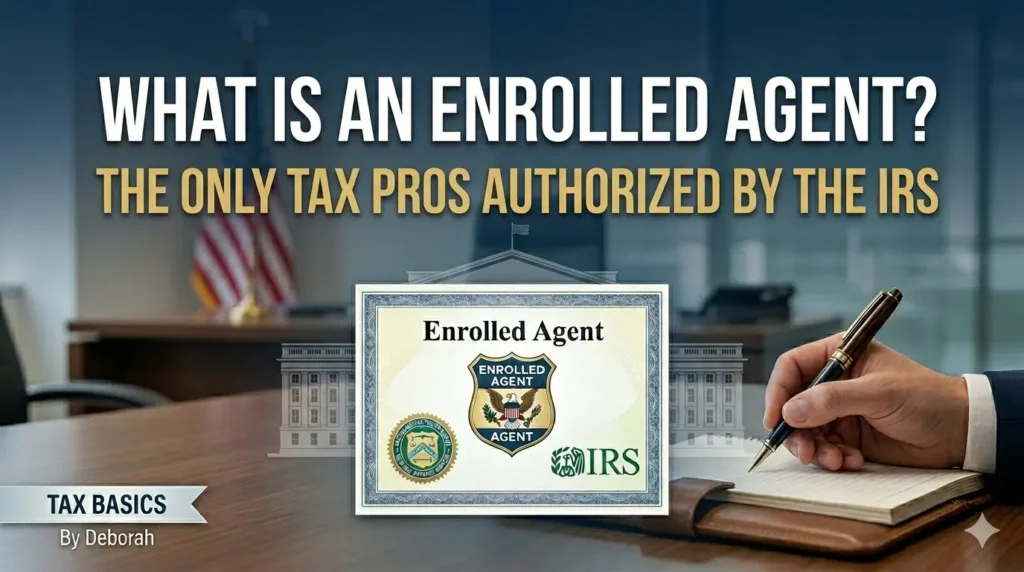 A professional blog thumbnail for Tax Basics by Deborah, titled "What Is an Enrolled Agent?" with the subtitle "The Only Tax Pros Authorized by the IRS," featuring an EA license illustration and an office background.