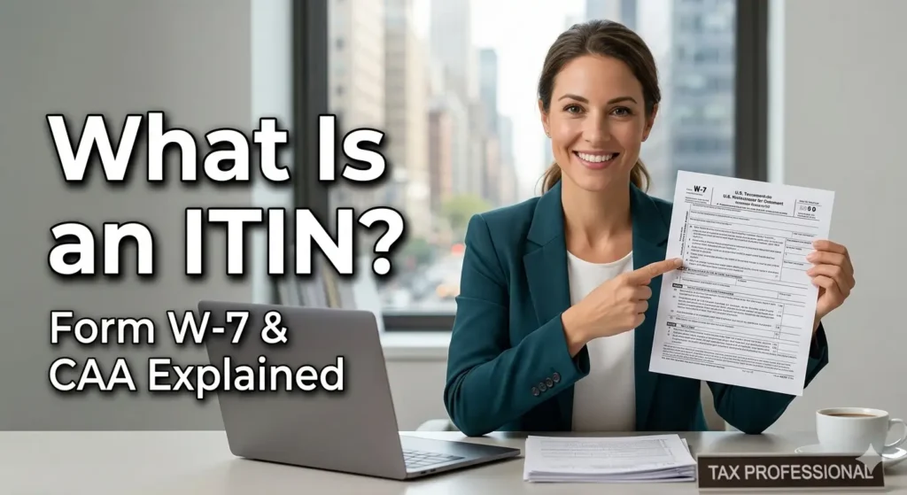 A professional smiling woman in a NYC office holds a Form W-7, with text overlay 'What Is an ITIN? Form W-7 & CAA Explained'.