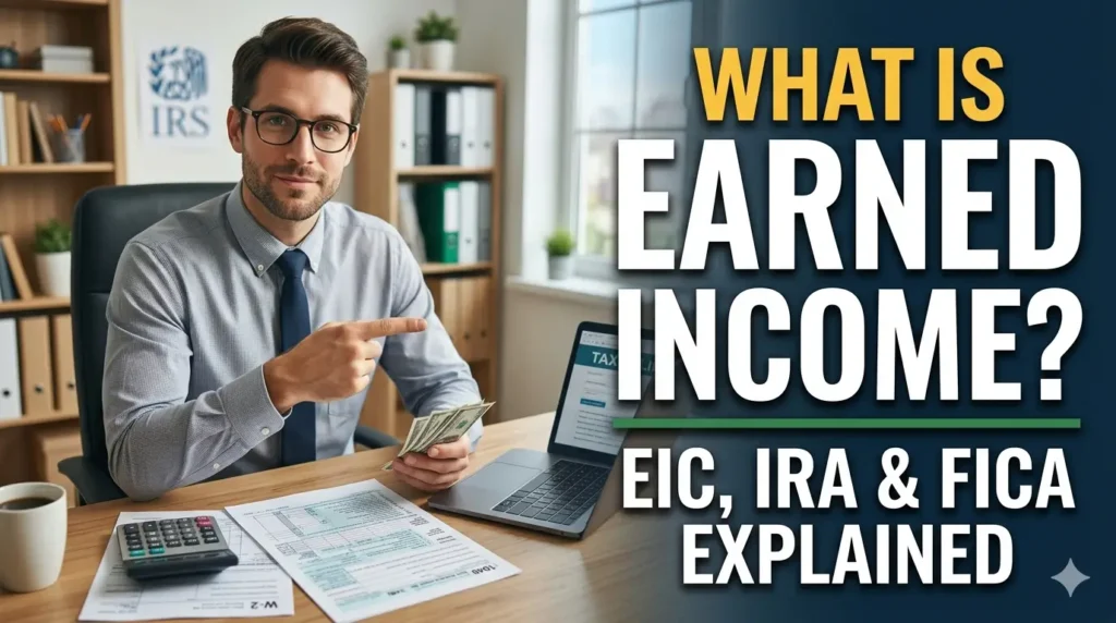 A professional tax expert pointing at large text that reads "WHAT IS EARNED INCOME? EIC, IRA & FICA Explained" with tax documents and a calculator on a desk.