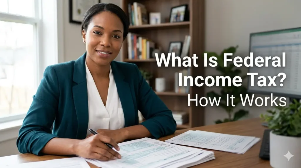 A realistic blog thumbnail image featuring a woman sitting at a desk with financial papers and text reading "What Is Federal Income Tax? How It Works".