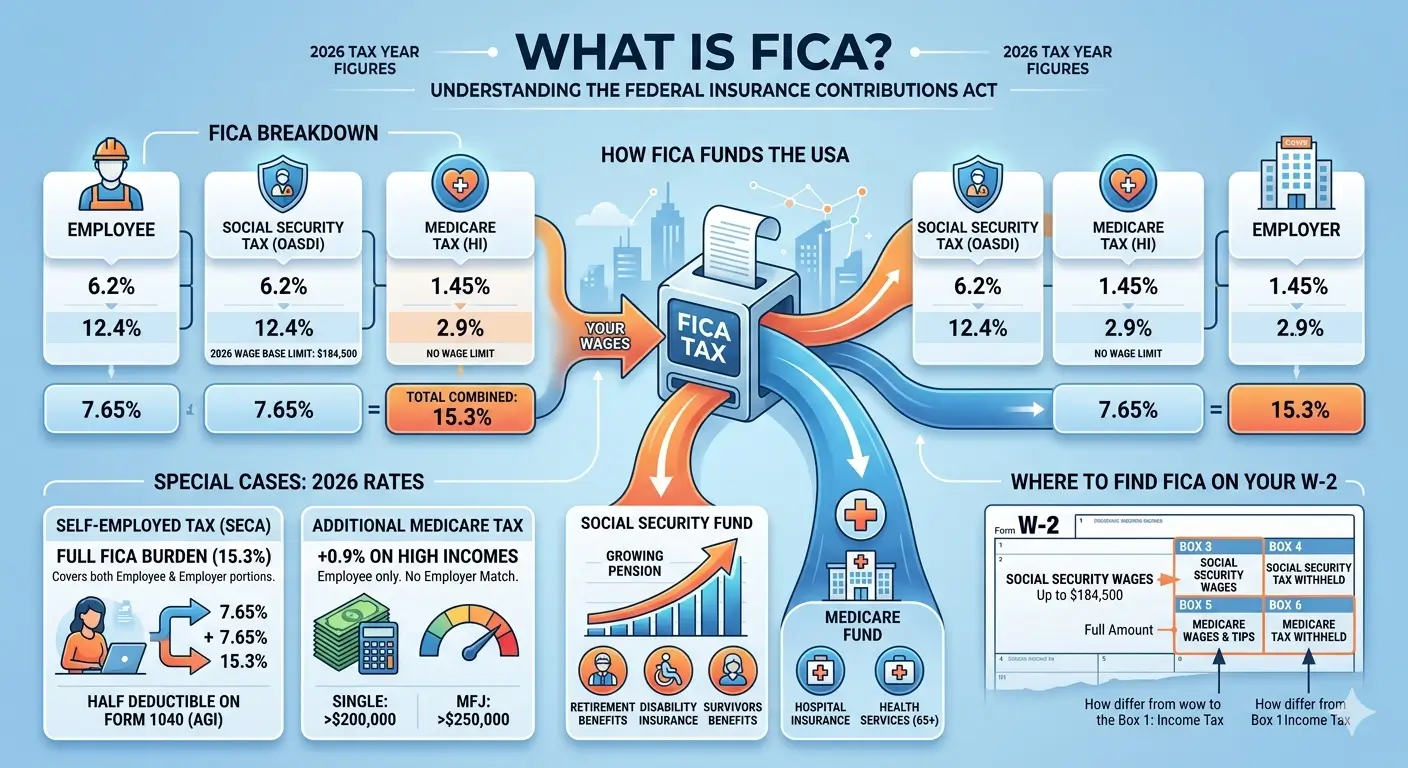 What is FICA tax infographic explaining Social Security and Medicare tax rates, wage base limit, and how FICA appears on a W-2