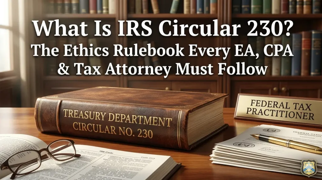 A polished, authentic close-up of a leatherbound Circular 230 rulebook on a desk, with glasses and legal documents nearby, underneath the text: "What Is IRS Circular 230? / The Ethics Rulebook Every EA, CPA & Tax Attorney Must Follow". The scene implies authority and careful study.