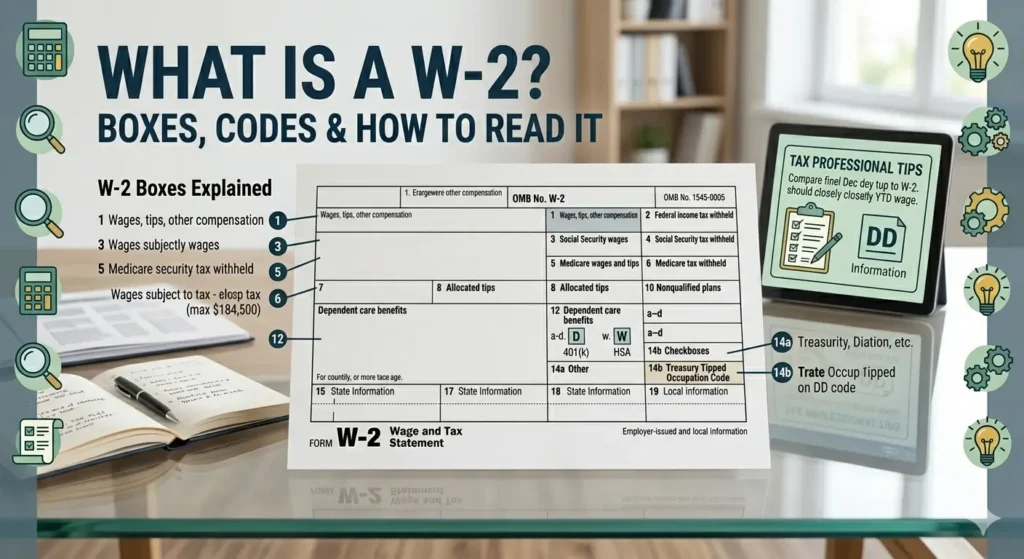 W-2 양식의 주요 박스와 코드 읽는 법을 설명하는 가이드 이미지.