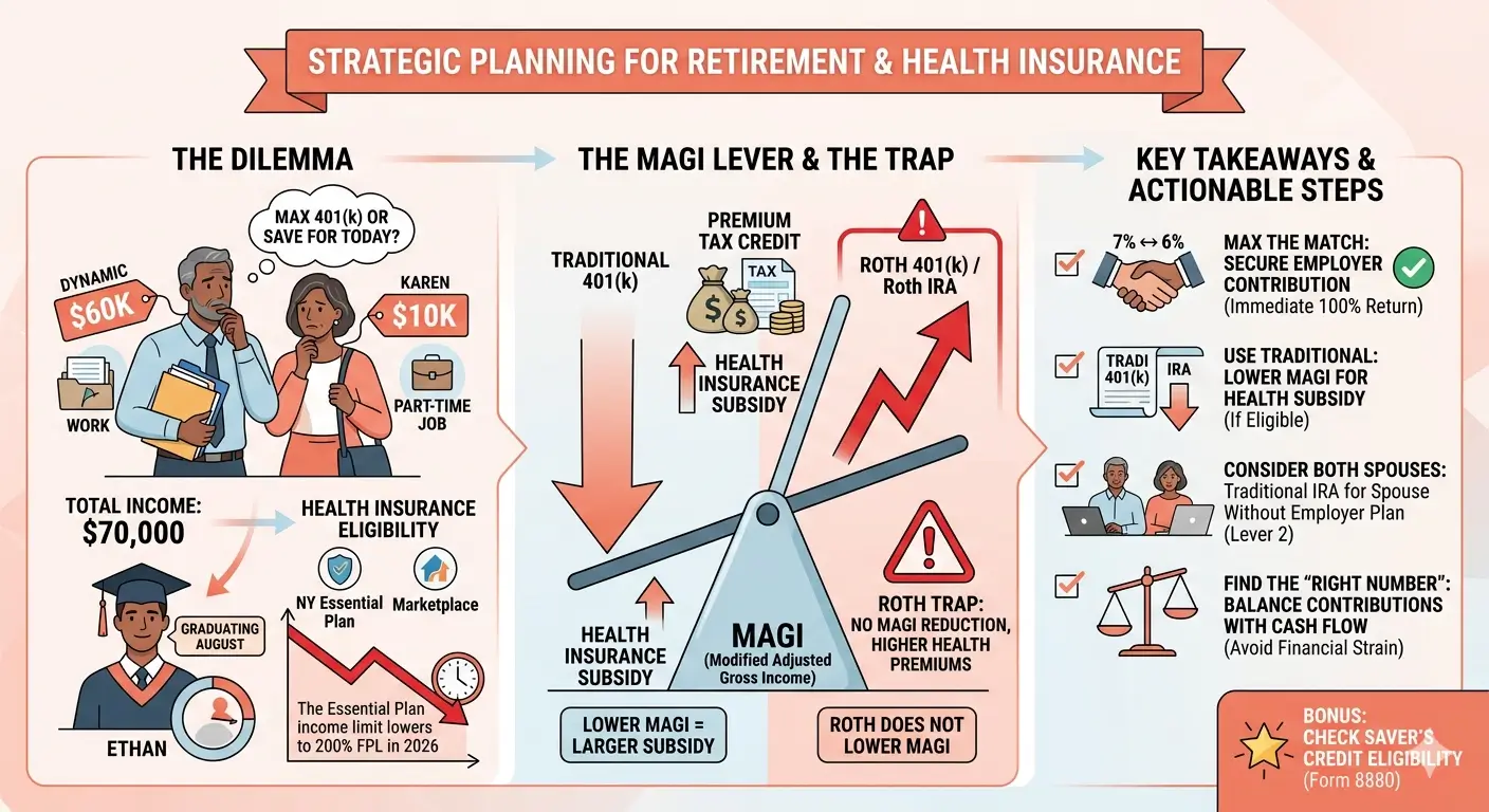Strategic retirement and health insurance planning showing how Traditional 401(k) and IRA contributions lower MAGI to increase the Premium Tax Credit, while Roth contributions do not — explained by an Enrolled Agent