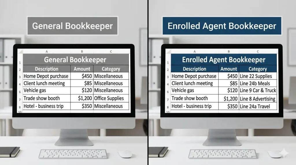 General bookkeeper versus Enrolled Agent bookkeeper — comparison of expense categorization with Schedule C line mapping for small business taxes