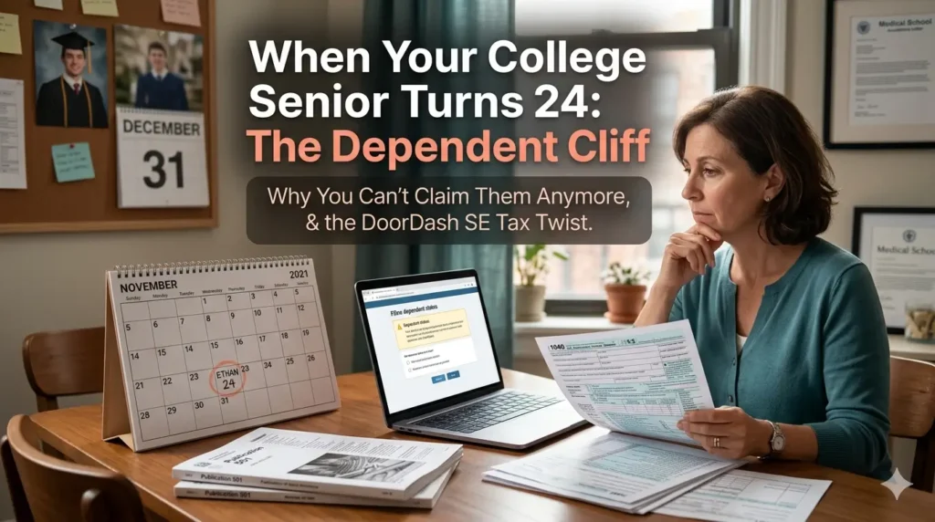 A photorealistic thumbnail featuring a concerned woman in her 40s reviewing tax documents and Form 1040. In the background, a desk calendar highlights a child's 24th birthday, alongside graduation photos. Includes text: "When Your College Senior Turns 24: The Dependent Cliff."