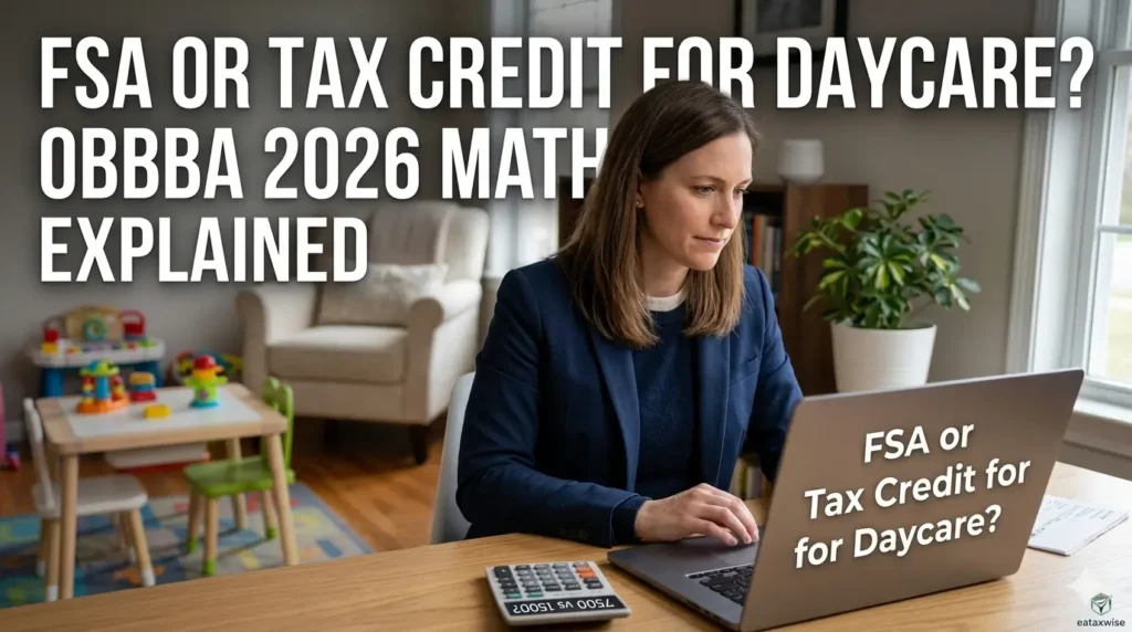 "2026년 보육비 세금 혜택을 고민하는 워킹맘 Rachel의 모습과 'FSA or Tax Credit for Daycare? OBBBA 2026 Math Explained'라는 텍스트가 삽입된 블로그 썸네일 이미지. 전문적이고 신뢰감 있는 홈 오피스 배경."