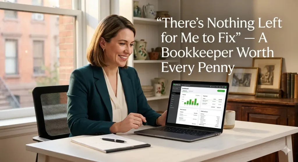 A professional female tax expert smiling while looking at a clean financial dashboard on her laptop, with the text "There's Nothing Left for Me to Fix" — A Bookkeeper Worth Every Penny.