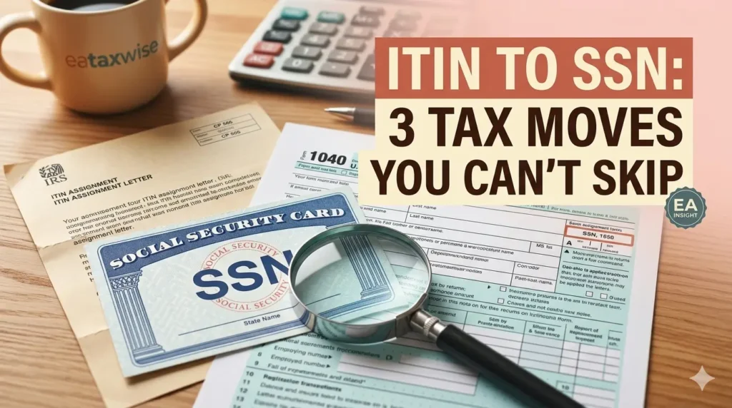 "Photorealistic blog thumbnail for 'ITIN to SSN: 3 Tax Moves You Can't Skip'. Featuring tax documents, a magnifying glass, and an SSN card on a professional desk with warm terracotta and peach tones."