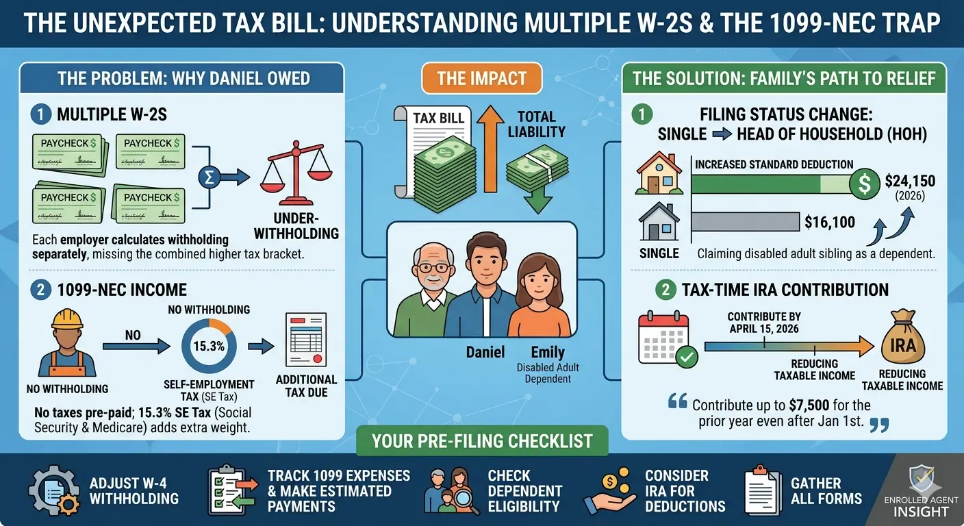 Infographic explaining a surprise tax bill from multiple W-2s and 1099-NEC income, with relief through Head of Household status and a tax-time IRA contribution