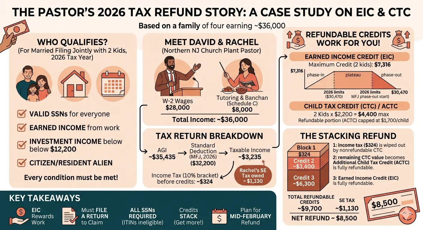 Pastor's family of four receiving Earned Income Credit and Child Tax Credit refund — 2026 tax year case study by an Enrolled Agent
