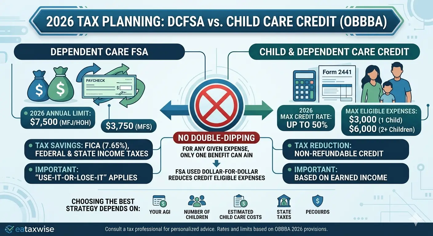 Working mom comparing Dependent Care FSA and Dependent Care Credit options for 2026 under OBBBA