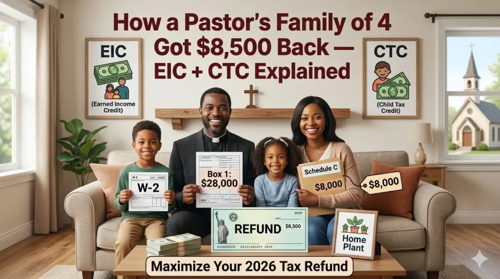 A photorealistic blog image of a real pastor's family of four in a living room, visualizing their $8,500 tax refund through EIC and CTC. Includes real people, printed tax forms, cash, and credit icons.