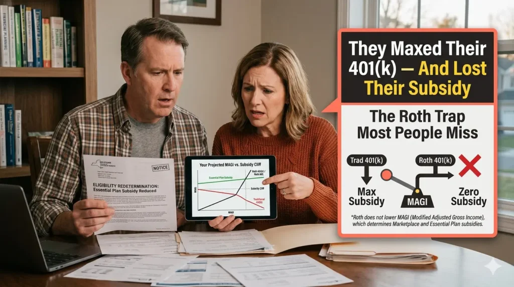 The Roth trap illustrated: Roth 401(k) and Roth IRA contributions do not reduce MAGI, so rising income crosses the subsidy cliff and ends both the Premium Tax Credit and Essential Plan coverage