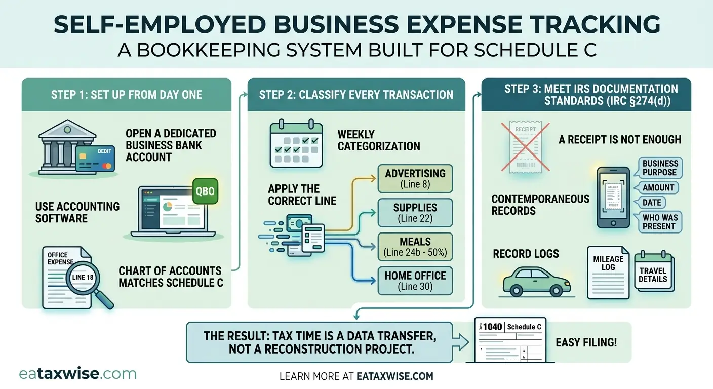 Self-employed business expense tracking for Schedule C — how to set up QuickBooks Online bookkeeping from day one
