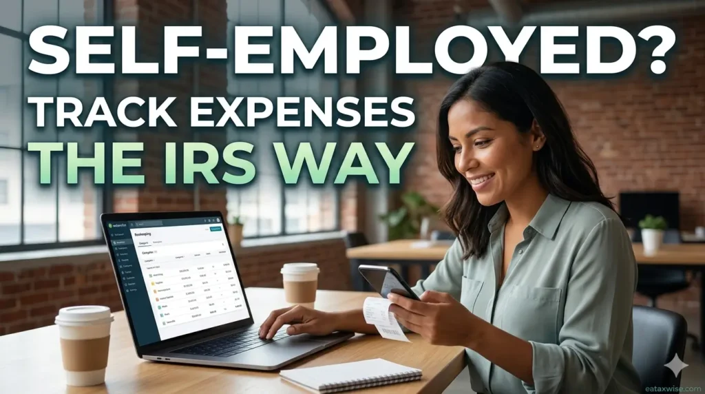 A self-employed woman tracking business expenses on her laptop and phone with the text overlay: Self-Employed? Track Expenses the IRS Way.