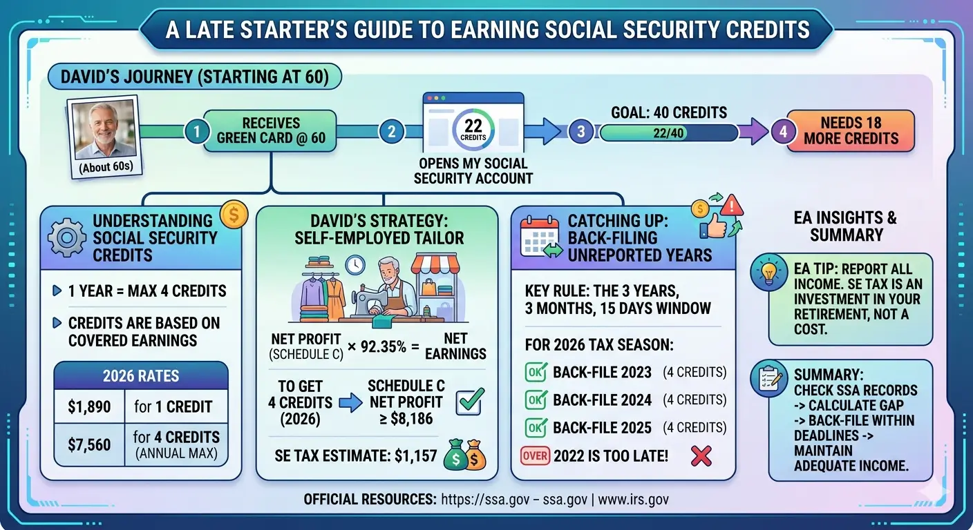 Social Security credits guide for self-employed workers — Enrolled Agent breakdown of the 3-year, 3-month, 15-day reporting rule